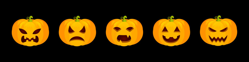 Halloween pumpkin faces collection. Set of carved pumpkins with different spooky, funny and scary expressions for autumn holiday decoration and party design. Cartoon vector illustration.