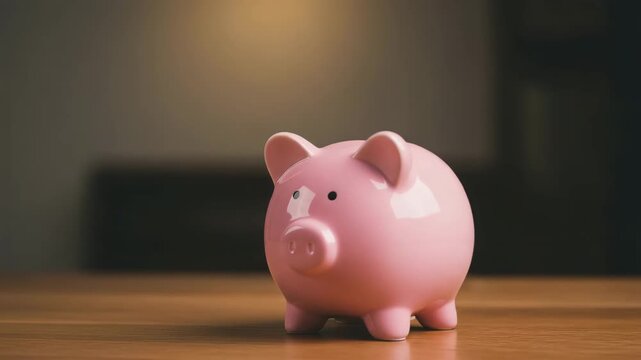 Hand putting coin into piggy bank on wooden table with soft lighting.