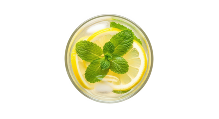 Refreshing lemon mint drink served in a glass with ice, captured from above against a clean backdrop