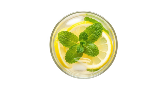 Refreshing lemon mint drink served in a glass with ice, captured from above against a clean backdrop