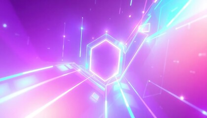 Vibrant neon hexagon portal in a futuristic digital tunnel, symbolizing technology, data, or a gateway to innovation and the metaverse.