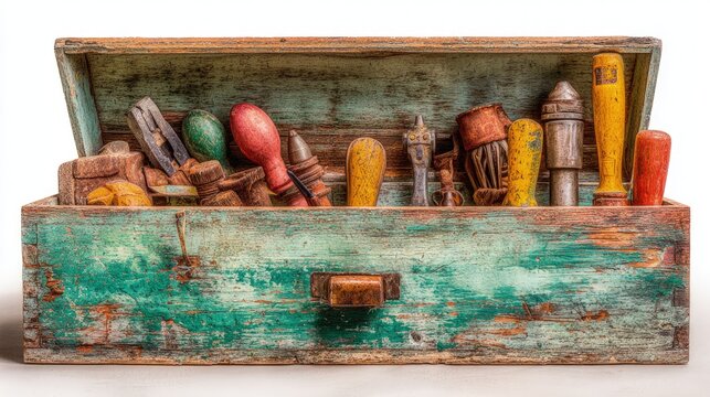 Vintage Wooden Toolbox With Assorted Tools - Powered by Adobe