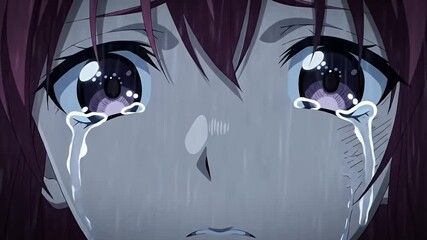 Close-up anime girl with violet eyes is crying in the rain - Powered by Adobe
