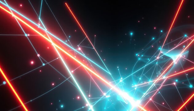 Abstract digital network with glowing neon red and blue lines and dots on a dark background, illustrating technology, data flow, and connectivity.