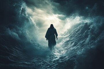 Jesus walking towards the light on water during a violent storm, symbolizing divine power and faith, Generative AI