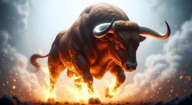 A powerful and aggressive bull charging forward with intense energy, surrounded by fiery sparks and dramatic clouds, symbolizing strength and determination