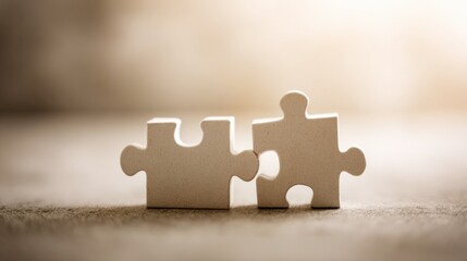 Business partnership two minimal puzzle pieces perfectly aligned matte clay surface soft diffused lighting beige to warm gray
