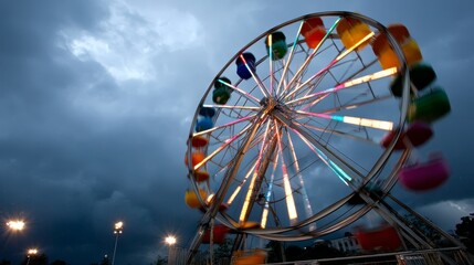 Vibrant ferris wheel in motion at twilight carnival scene with bright lights and blue sky background