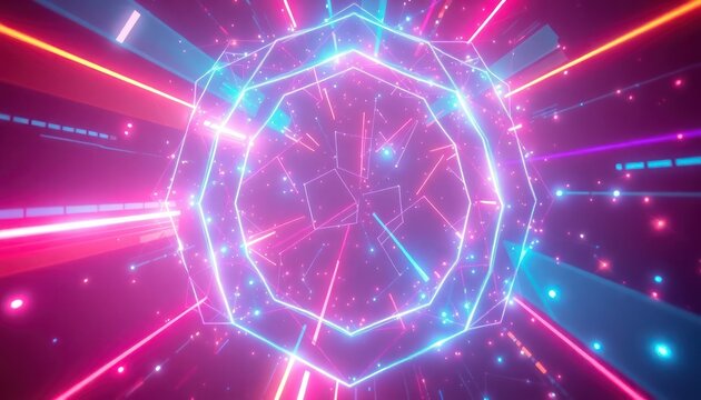 Vibrant neon polygon with glowing lines and particles creating a futuristic, energetic abstract background. Ideal for technology, digital design, or event promotions.