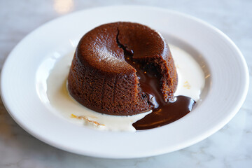 Decadent chocolate lava cake with molten center on a white plate