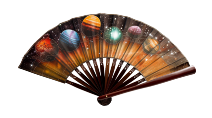 Celestial Themed Silk Fan with Constellation Artwork on white background