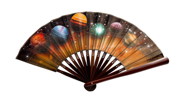 Celestial Themed Silk Fan with Constellation Artwork on white background