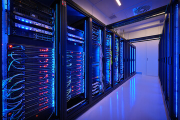 Data center with illuminated blue server racks and cables