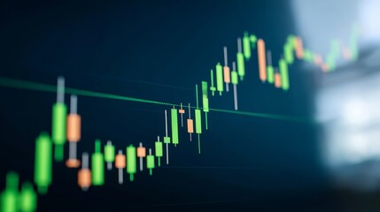 Vibrant digital stock market graph with rising green candlestick patterns on dark navy monitor screen displaying financial growth and analysis