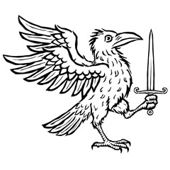 Hand drawn engraving style raven holding sword. Vintage medieval heraldic bird illustration in gothic style, ideal for tattoo design, folklore projects, TTRPG graphics, fantasy art.