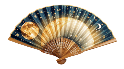 Elegant Silk Hand Fan Decorated with Golden Stars on white background