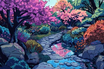 Illustration beautiful spring garden painting art outdoors.