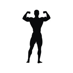 Silhouette of muscular bodybuilder posing flexing biceps and legs athletic build vector