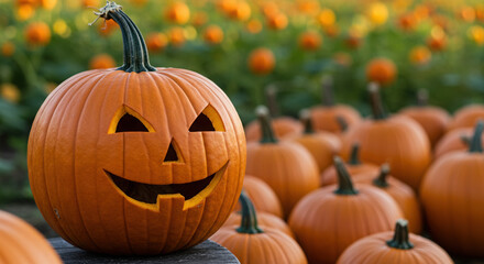 Halloween pumpkin with carved smiling face in a vibrant pumpkin field during autumn season