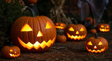 glowing jack-o-lantern pumpkins illuminating a dark garden during halloween night creating spooky atmosphere