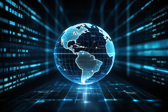 Digital globe with binary code and futuristic data streams - Powered by Adobe