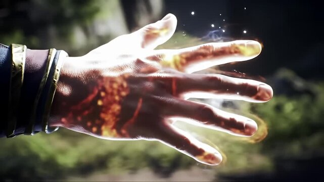 Glowing hand with golden bracer outstretched, energy emanating from palm and fingers