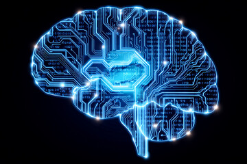 Digital illustration of a human brain with glowing blue circuitry