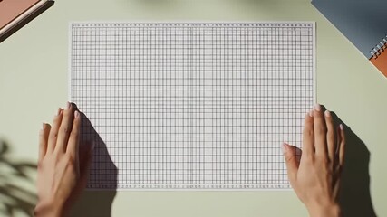 Hands holding a graph sheet on a desk with notebooks and natural sunlight