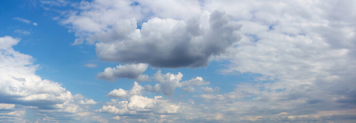blue sky with fluffy white clouds, wide panorama