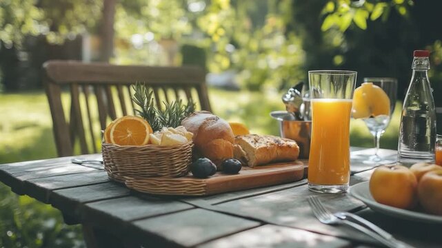 Outdoor garden meal with fresh bread, fruit, and juice