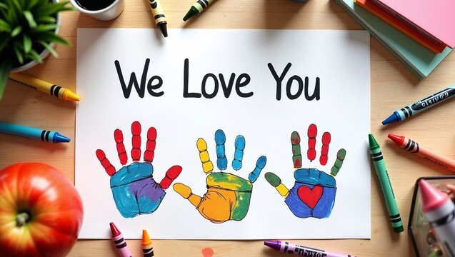 Children’s handprint poster with crayons for Teacher’s Day