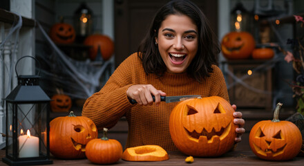 young woman carving jack-o-lantern on porch for halloween with pumpkins and candle lanterns in autumn