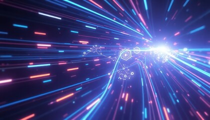 Dynamic digital background with glowing lines and abstract network elements symbolizing rapid data flow, technology, and futuristic communication. Ideal for IT and business concepts.