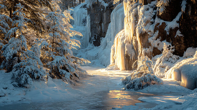 Breathtaking winter landscape with frozen waterfall and snow-covered trees in a serene forest - Powered by Adobe
