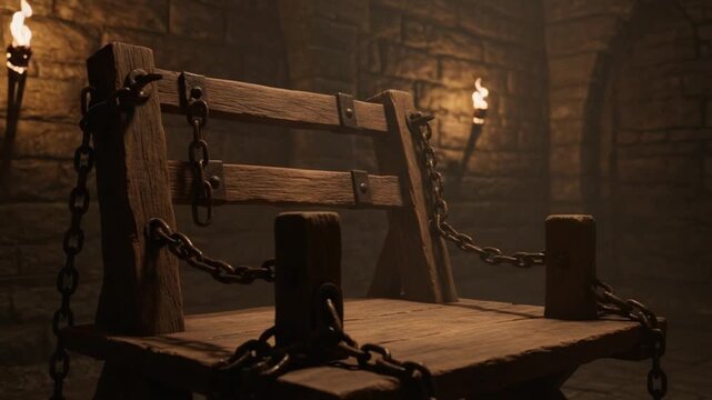 Dark medieval torture chamber with chains and wooden chair, gothic dungeon atmosphere, eerie horror setting, mysterious medieval vibe 4K video