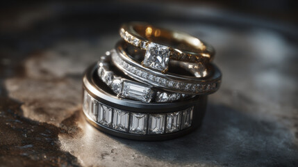 Elegant modern style silver rings with minimalist design on white background