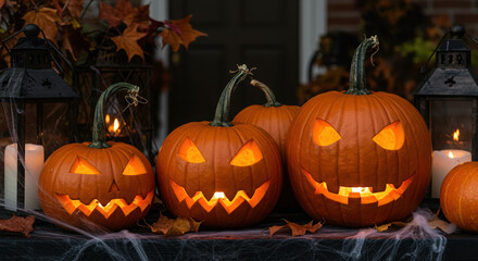 Fototapeta premium Spooky carved jack-o'-lanterns glowing on a haunted Halloween porch with candles and autumn leaves