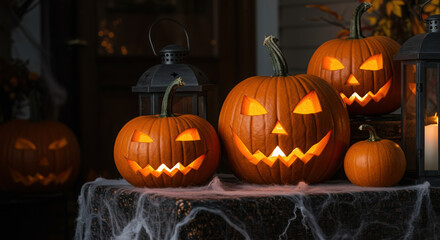 Obraz premium glowing carved pumpkins illuminating porch with eerie faces for halloween night celebration