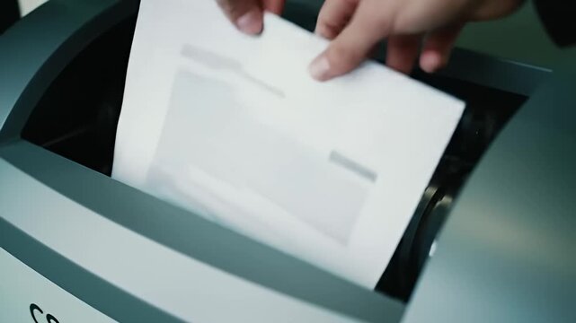 Hand feeds document into paper shredder. Metal blades visible, office concept