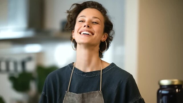 Home chef sealing jar of homemade jam while smiling to herself