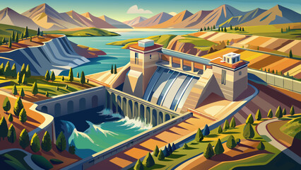 Aerial landscape of dam and hydro power reservoir near Shoshoni, Wyoming, vast waters shimmer under sunlight, engineering marvel embraces nature&rsquo;s scale, blending technology with timeless natural beau