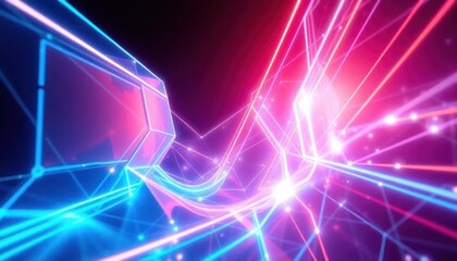 Dynamic abstract neon light network with glowing geometric shapes, symbolizing digital connection, data flow, and futuristic technology. Perfect for tech, business, and innovation themes.