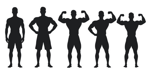 Silhouettes of muscular men posing and flexing biceps showcasing athletic physique vector