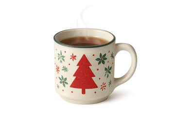 Steaming christmas coffee in festive mug with transparent background