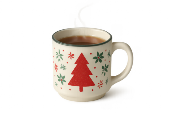 Steaming christmas coffee in festive mug with transparent background
