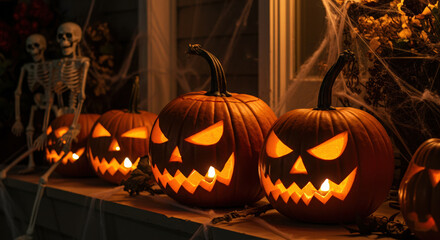 glowing jack-o-lanterns and skeleton decorations illuminate spooky halloween porch with cobwebs at dusk