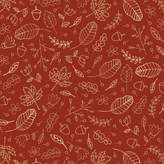 Seamless pattern with autumn Leaves, acorns and oak leaves for wallpaper, gift paper, pattern fills, textile, fall greeting cards. 