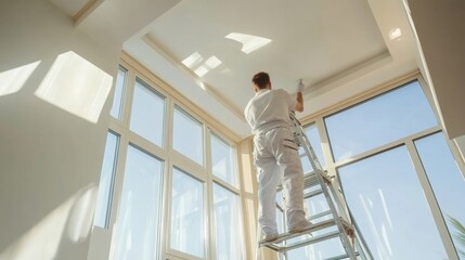 Painter on Ladder Painting Ceiling Bright Room.
