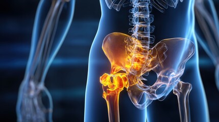 Falls Prevention Awareness Day, Detailed 3D illustration of hip fracture caused by falling, human skeleton with highlighted fracture area, educational medical diagram style