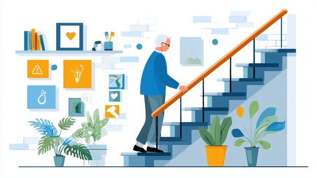 Falls Prevention Awareness Day, Colorful flat vector illustration showing an elderly person holding a handrail while walking downstairs, safety tips icons around, clear and educational design
